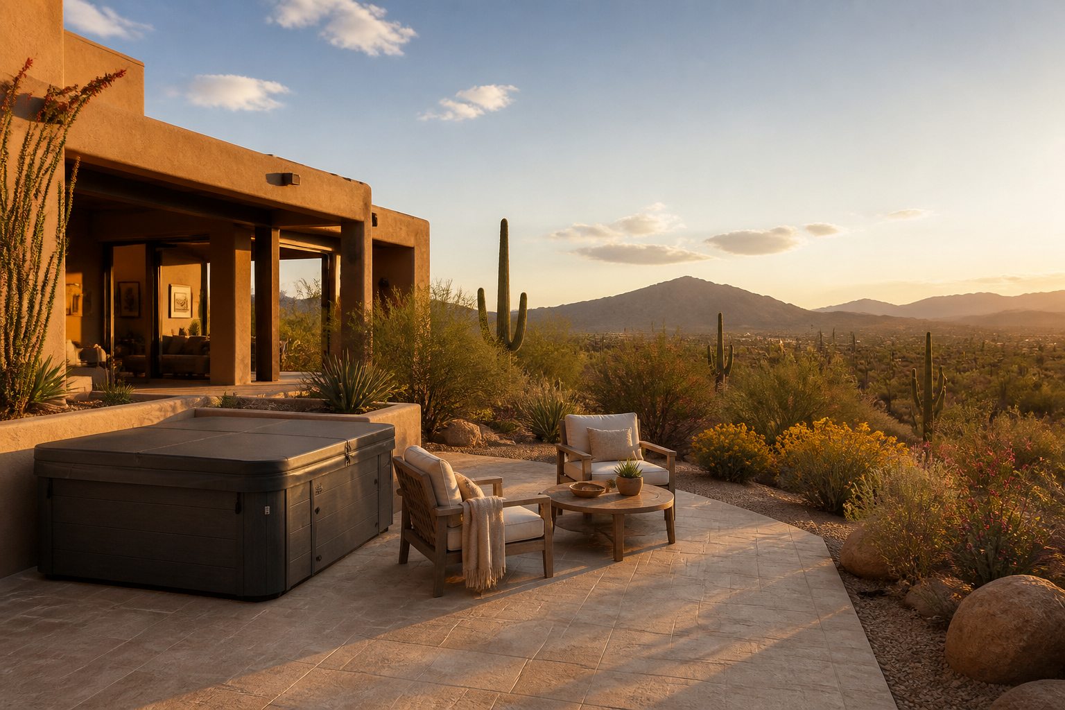 A desert-modern home terrace at golden hour with a Garden Leisure hot tub and seating