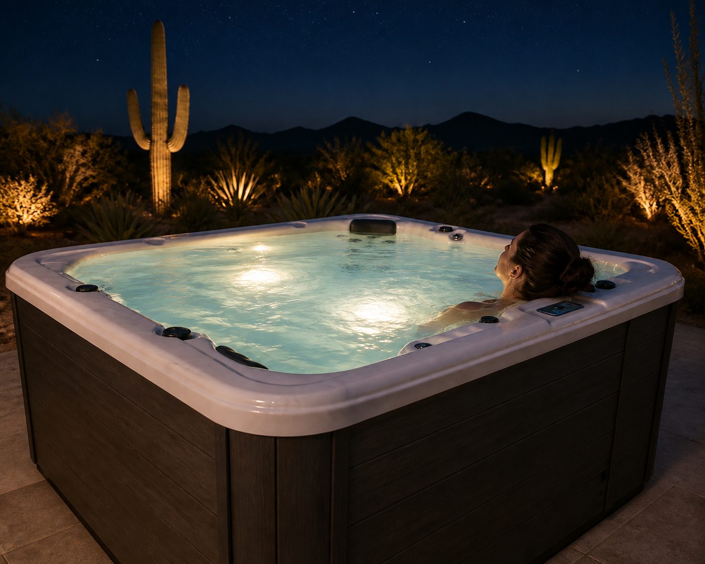A person relaxing at night in a Garden Leisure hot tub with the water lit from within