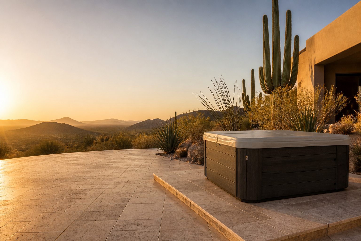 A Garden Leisure hot tub on a desert terrace at golden hour overlooking the Sonoran Desert