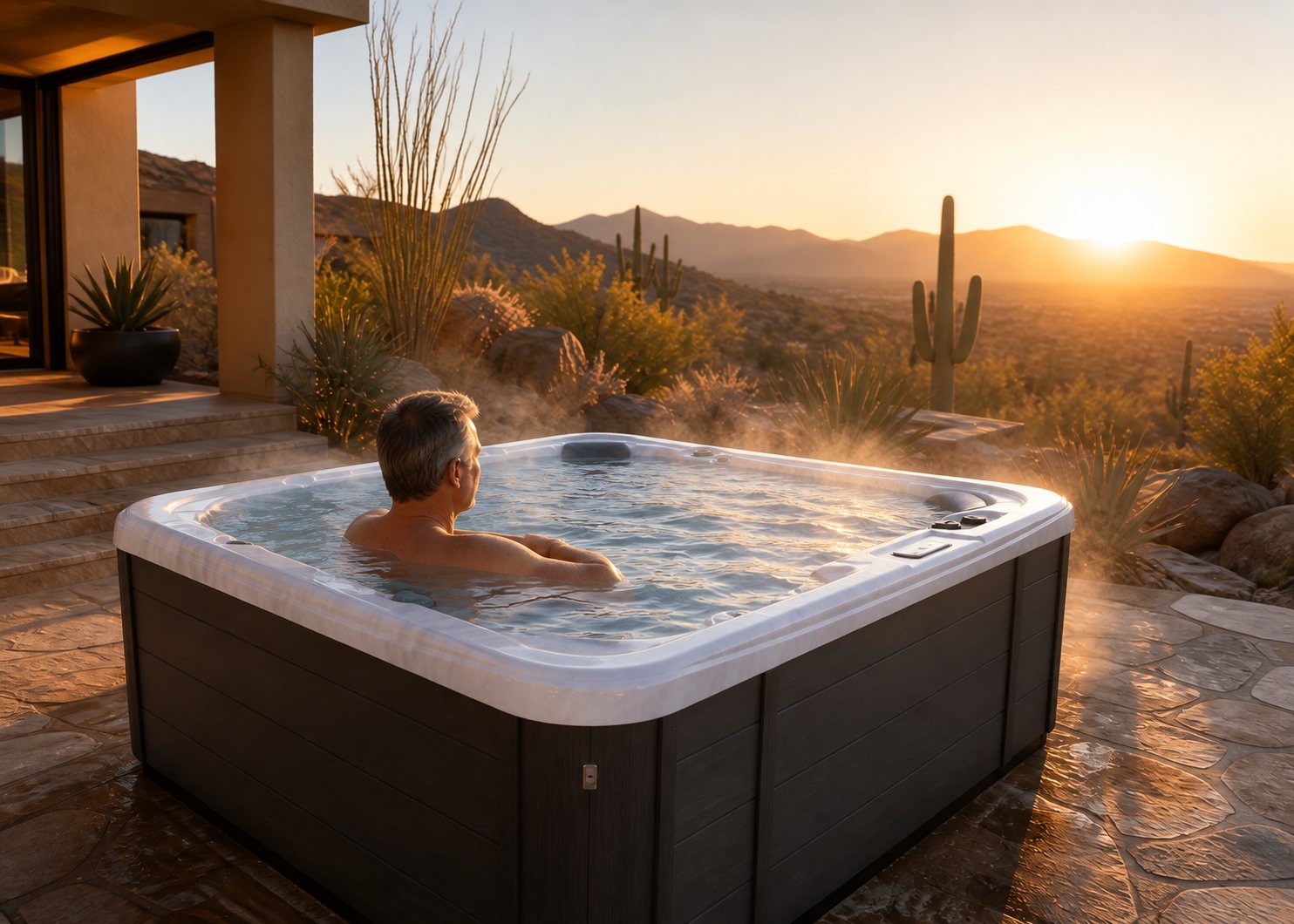 A man relaxing in a Garden Leisure hot tub at sunrise, looking out over the Sonoran Desert